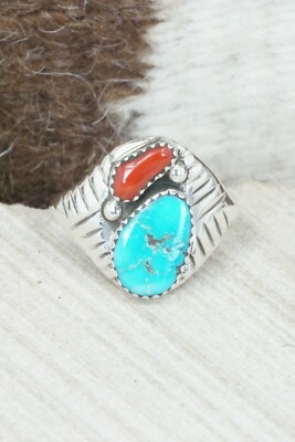 Turquoise, Coral & Sterling Silver Ring - Pauline Nelson - Size 12.75