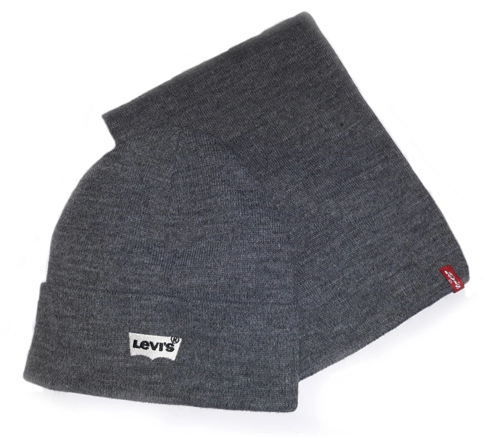 Mens Levis Red Tab Batwing 2 Piece Beanie Hat & Scarf Set - Grey