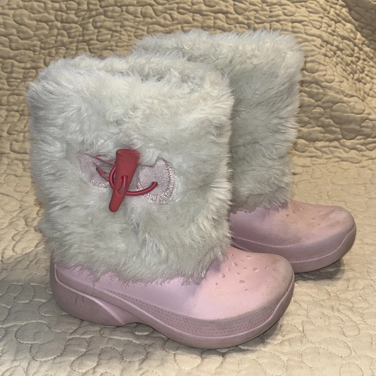 fiktion skør Profit Crocs Girls Powder Furry Faux Fur Rain Snow Boots Pink/White Rubber Size 10  /11 | eBay