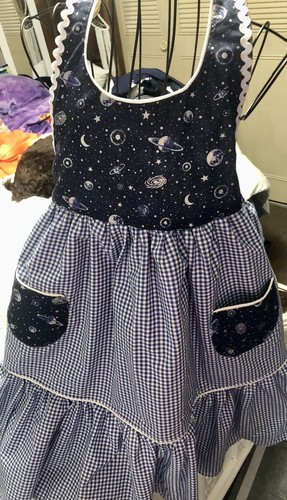 Vintage Style Farmhouse Ruffle Girl’s Apron Blue Gingham & Celestial Print New - Picture 5 of 12