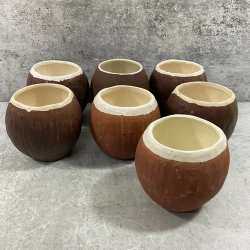 Trader Vics Ceramic Coconut Mugs Lot of 7 USA Barware Tiki Cocktail Collectible