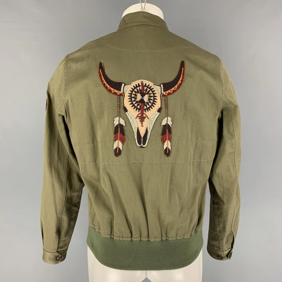 ROBERTO CAVALLI 2016 Size 36 Green Beaded Cotton Linen Zip Up Jacket - Image 3 of 4