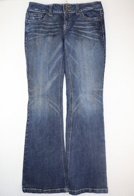Refuge Pop Starlet Low-Rise Womans 8 Flared Jeans 2-Button Y2K Preppy Embroidery