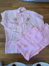 VTG Made In JAPAN Women  s Pink Rayon Embroider Lounge Pajama Set SZ L