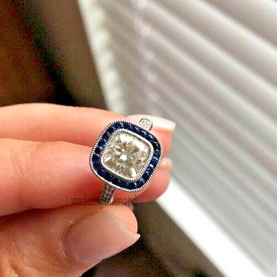 2.10 Ct Cushion Off White Moissanite Sappier Engagement Ring 925 Sterling Silver