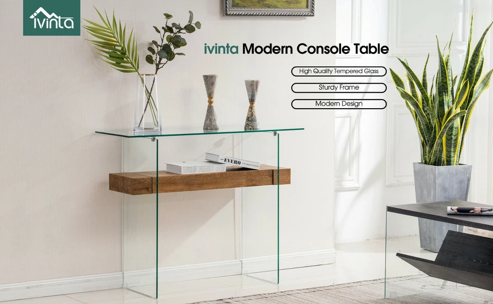 Ivinta Narrow Glass Console Table with Wood Storage Shelf Enterway Sofa Table - Image 3 of 4