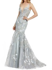 Mac Duggal 20206 Floral Embroidered Gown SZ 4 Sea Mist Mrsp $698