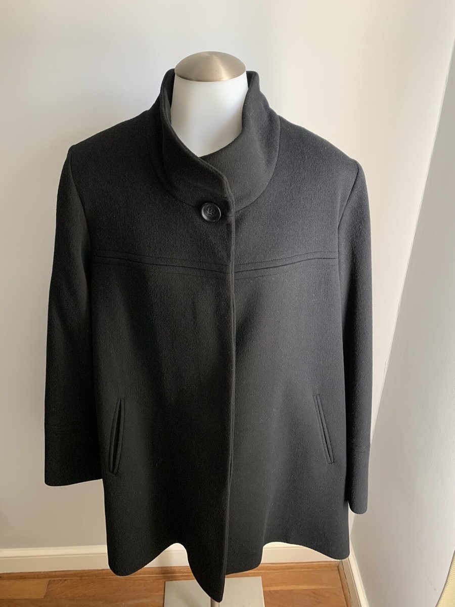 Women’s Fleurette Black Button Down Pea Coat Stand Collar 100% Wool Size 14