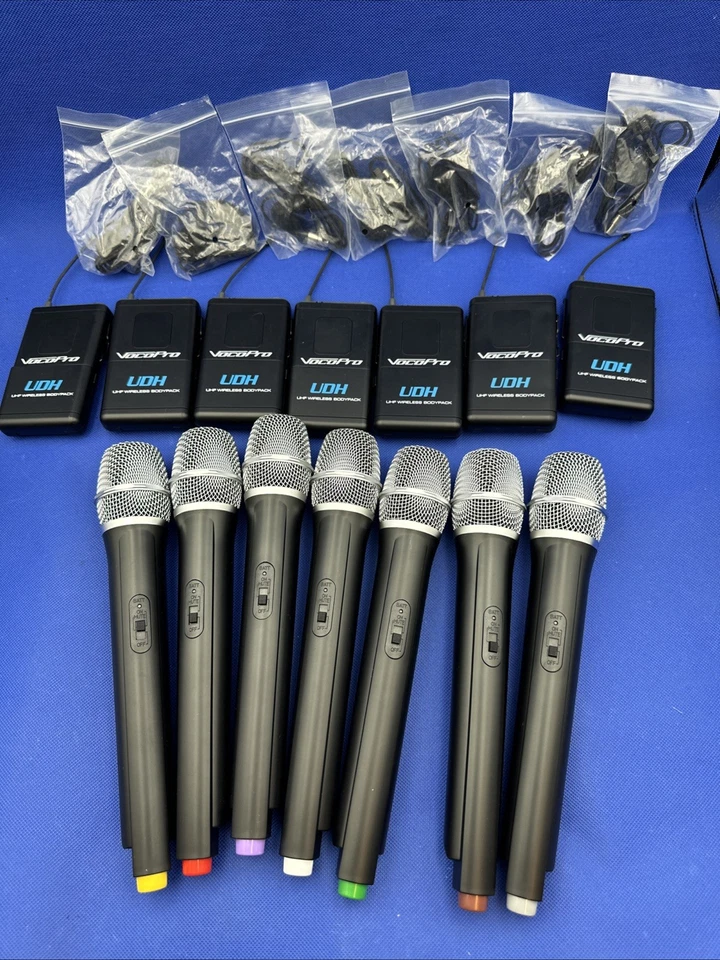 7 VocoPro Transmitters UDH UHF Wireless Bodypack &7 Microphone ( Different MhZ) - Image 2 of 4