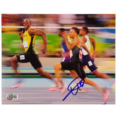 Usain Bolt Signed 100m Olympic Final Print Size 8  x 10  with Beckett COA