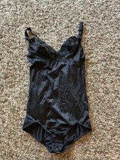 Vintage Vanity Fair Bodysuit 36B Black Shiny Satin Type Unlined Unpadded VGUC