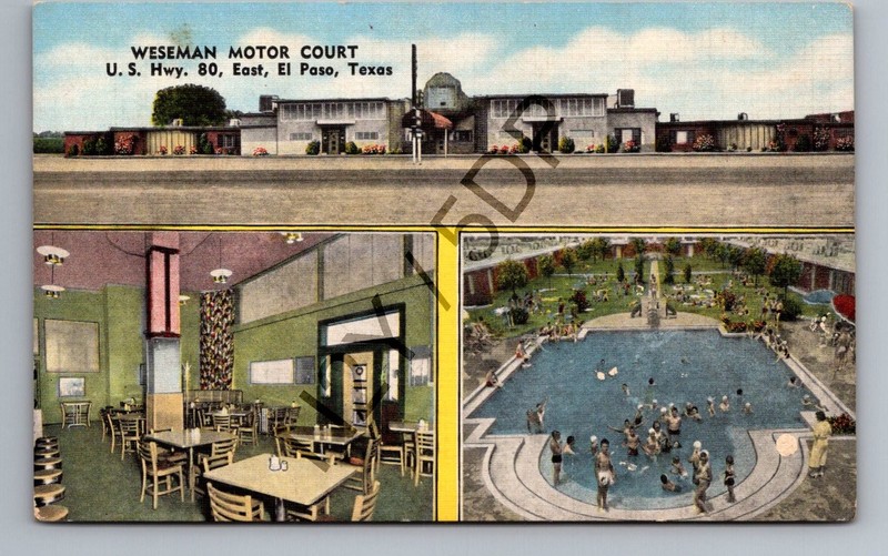 WESEMAN MOTOR COURT El Paso, Texas Postcard - US Hwy 80, Pool, Dining Room