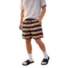 H M Men  s Swim Trunks Striped Peach Tan Navy Elastic Waist Beach Shorts