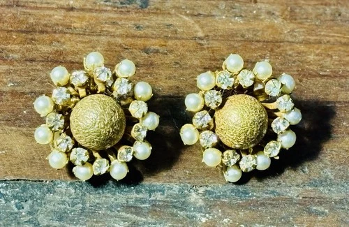 Miriam Haskell Vintage Baroque Style Pearl & Rhinestones Clip On Earrings