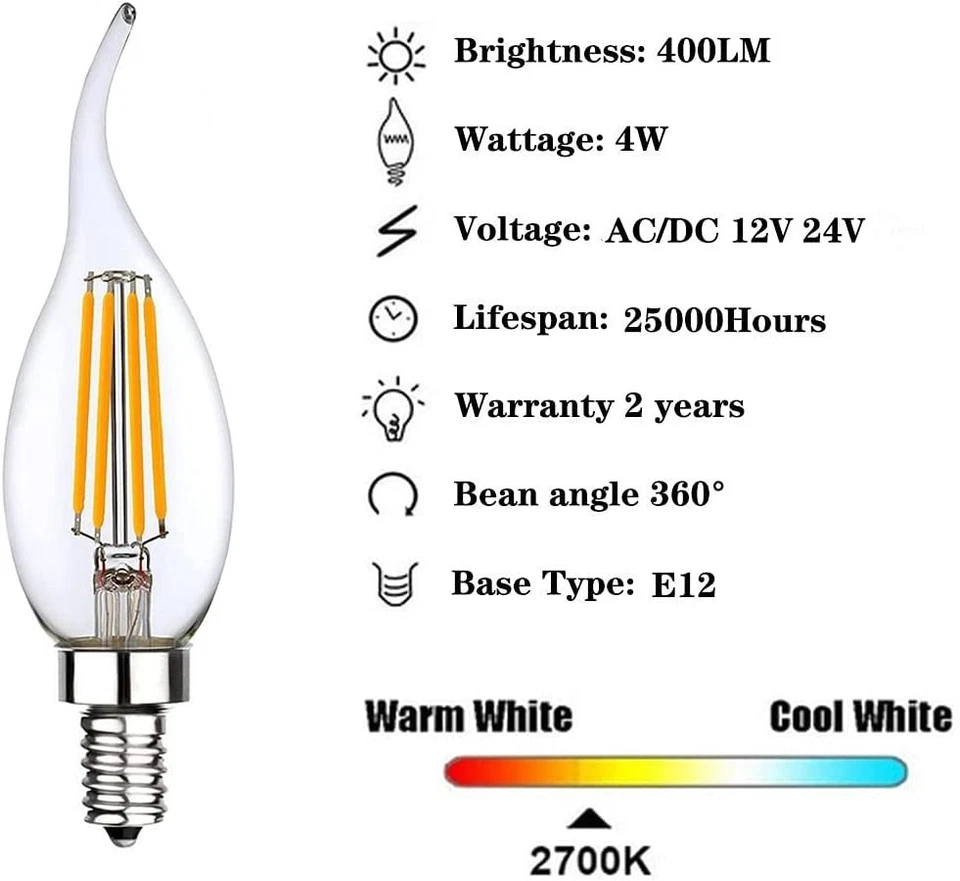 Low Voltage 12V 24V Candelabra E12 Base LED Light Bulb Flame Tip 40Watt Equivale - Image 2 of 4