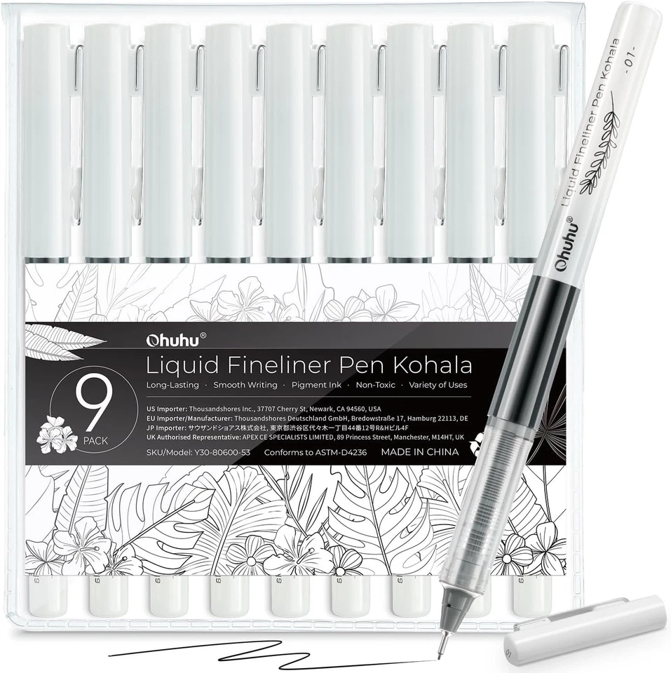 Ohuhu Liquid Fineliner Zeichenstifte, Mikrostifte schwarze Tinte Pigment - 9 verschiedene P