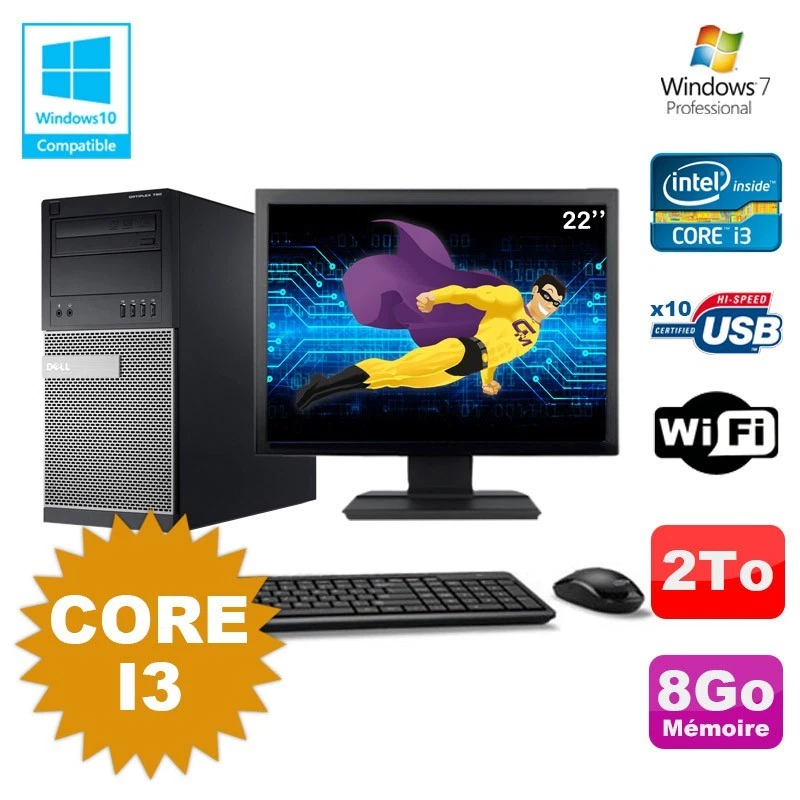 Lot PC Tour Dell 790 Intel Core I3 3.1Ghz 8Go 2To DVD WIFI Win 7 + Ecran 22" - Photo 1/1