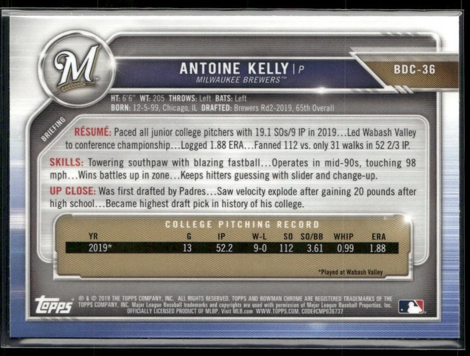 2019 Bowman Draft Sapphire Edition #BDC-36 Antoine Kelly - Image 2 of 2