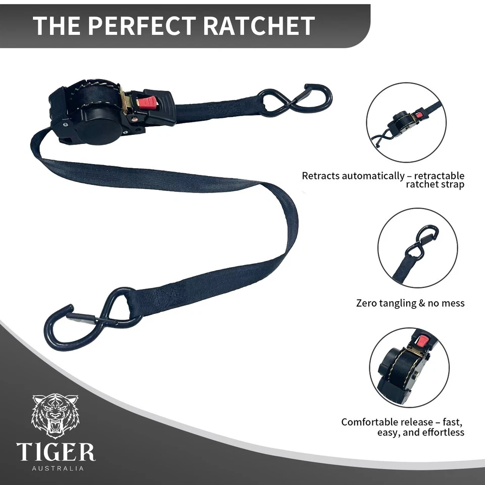 Tiger Australia 25mm x 4.5m Auto Retractable Ratchet Straps 4-Pack - image 4 of 4