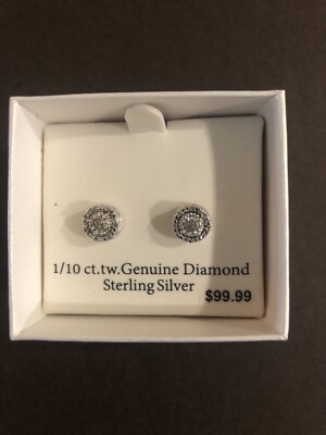 Sterling Silver 1/10 tw Genuine Diamond Stud Earrings NEW IN BOX 