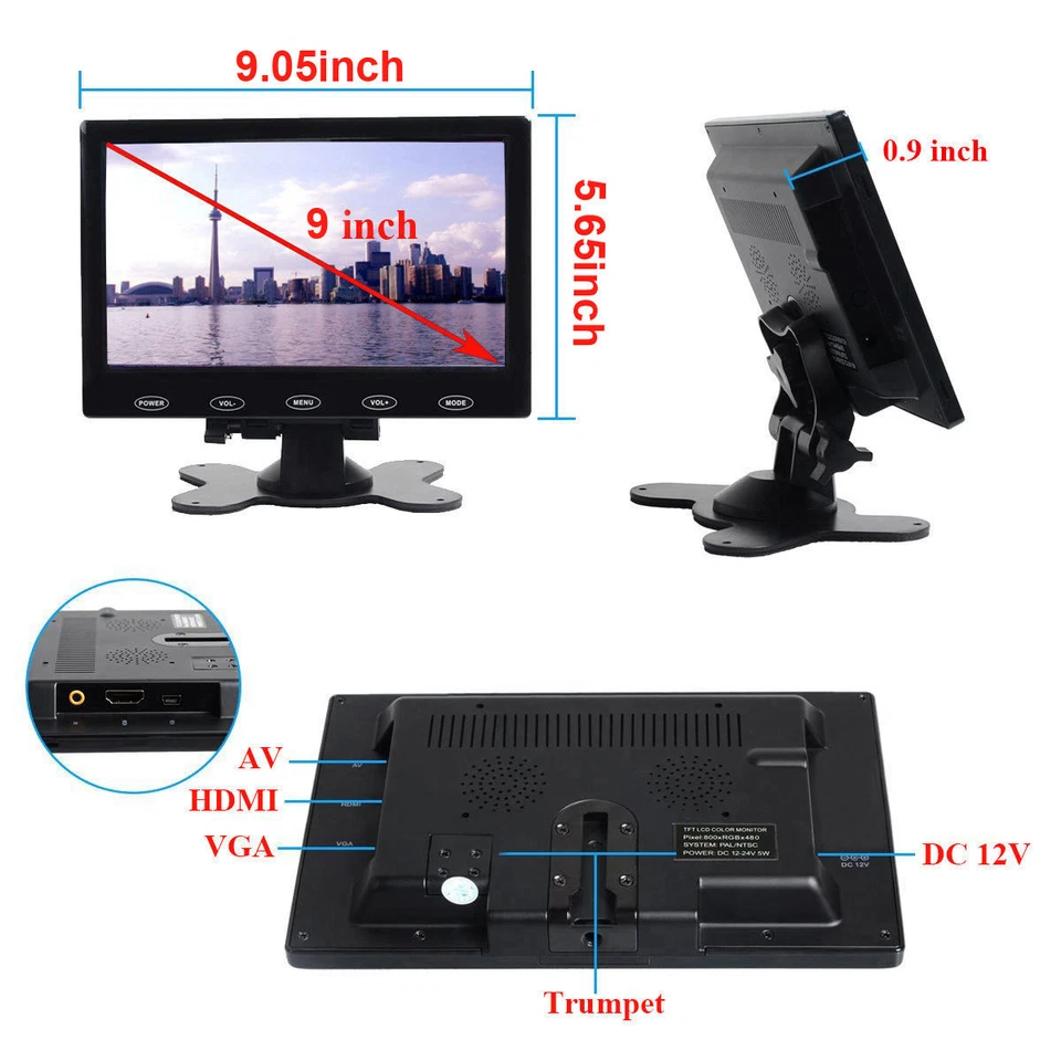 9" Inch LCD Monitor Built-in HDMI AGV AV Speaker PC PS4 TV DVD DVR CCTV Car DSLR - Image 3 of 4