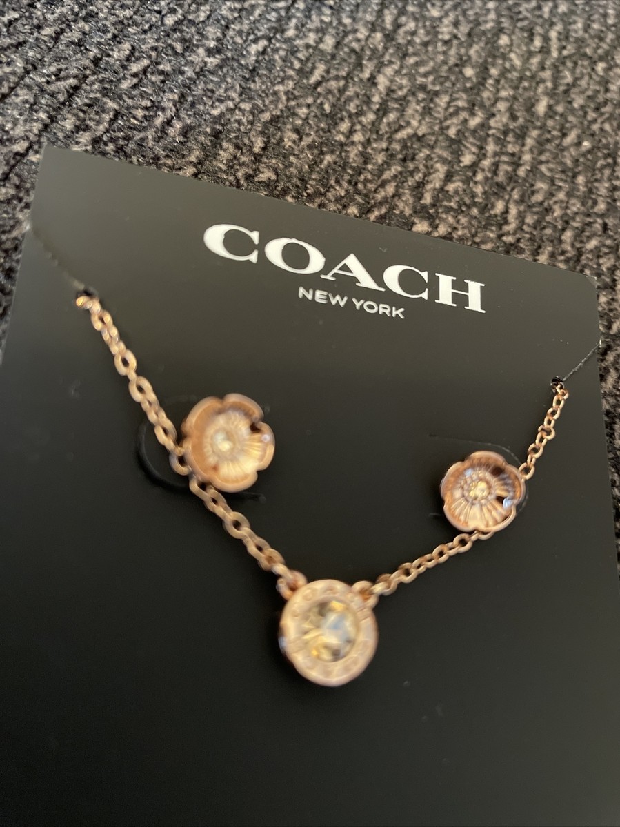 COACH Rose Gold Open Circle Necklace and Flower Earrings Set NEW