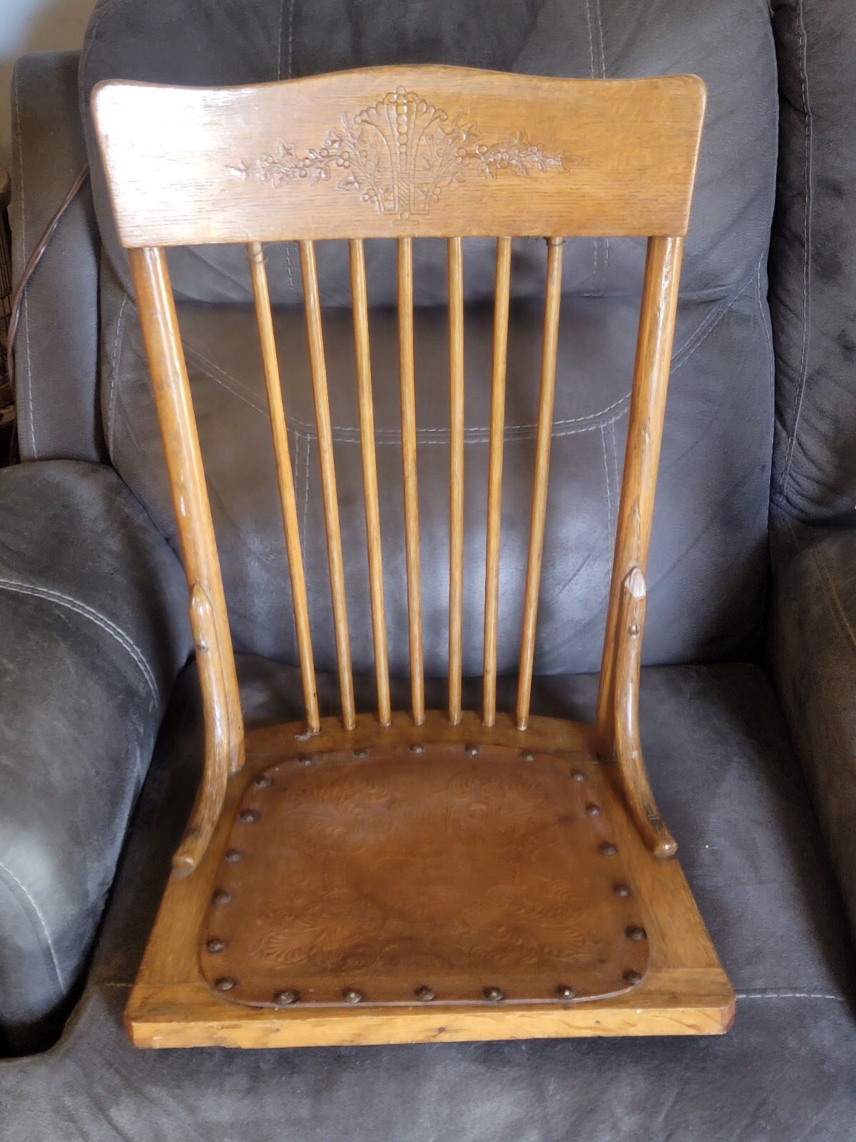 Back Tooled Leather Seat  French Country Farmhouse