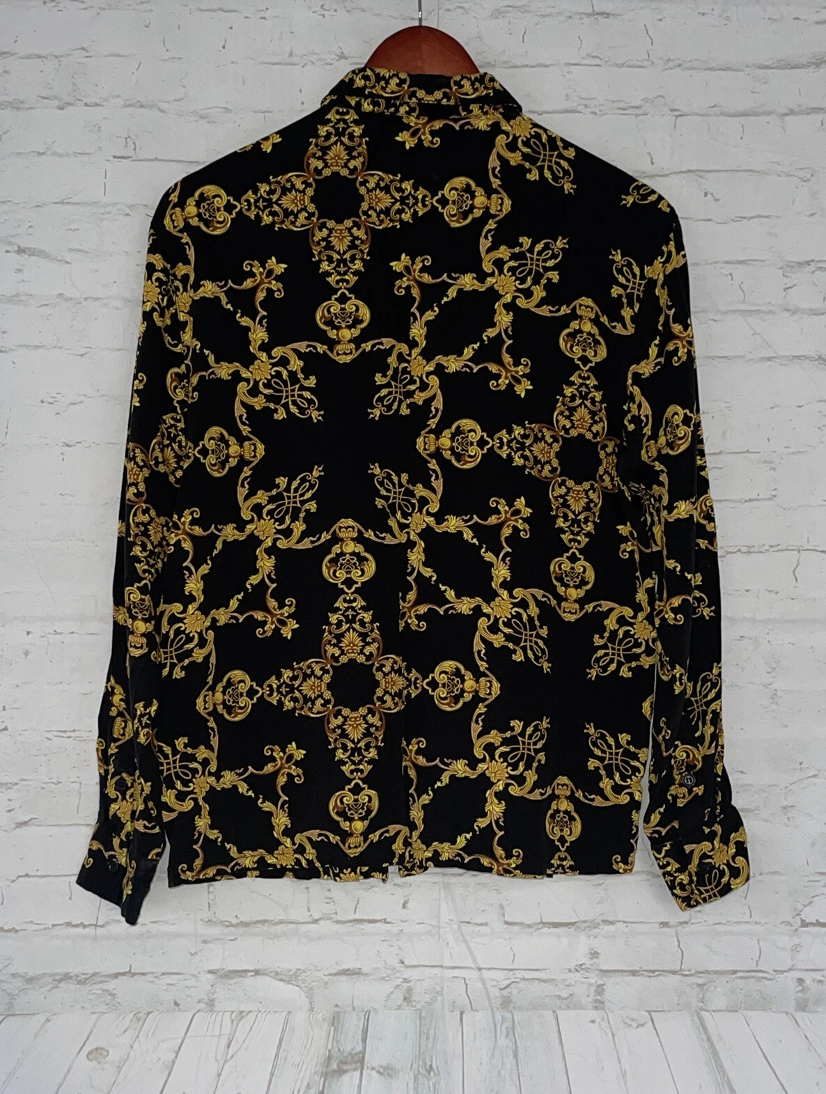 VERSACE Camicia abito Forever 21 da uomo catena barocca a maniche lunghe abbottonate nero oro S