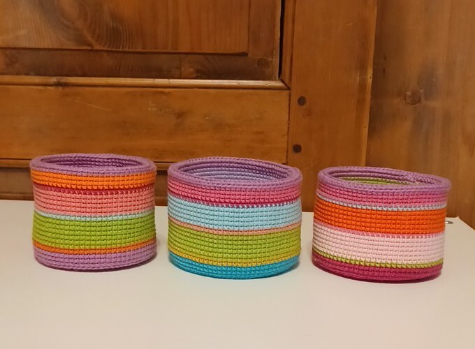 Set of 3 Handmade Crochet Baskets In Multicolored Striped Cotton 3.5" x 2.5 High
