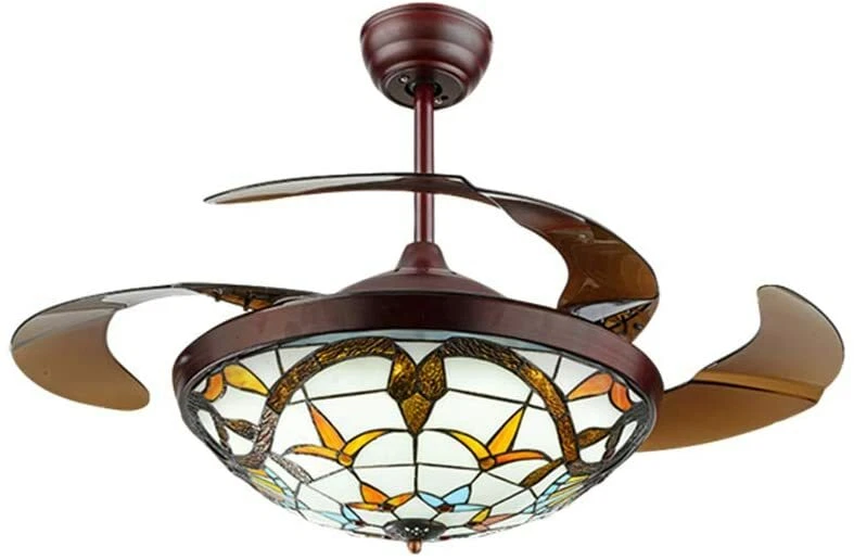 42" Tiffany Ceiling Fan Light, Remote Classic LED Chandelier Retractable Blades - Image 4 of 4