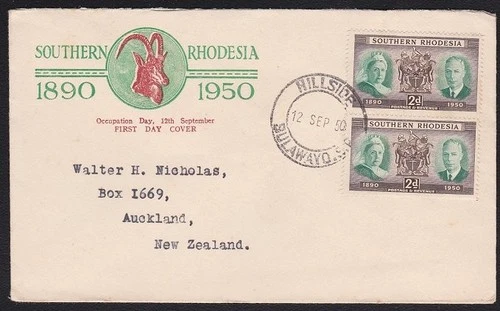 SOUTHERN RHODESIA 1950 60th Anniversary  FDC Hillside to New Zealand.......D7173