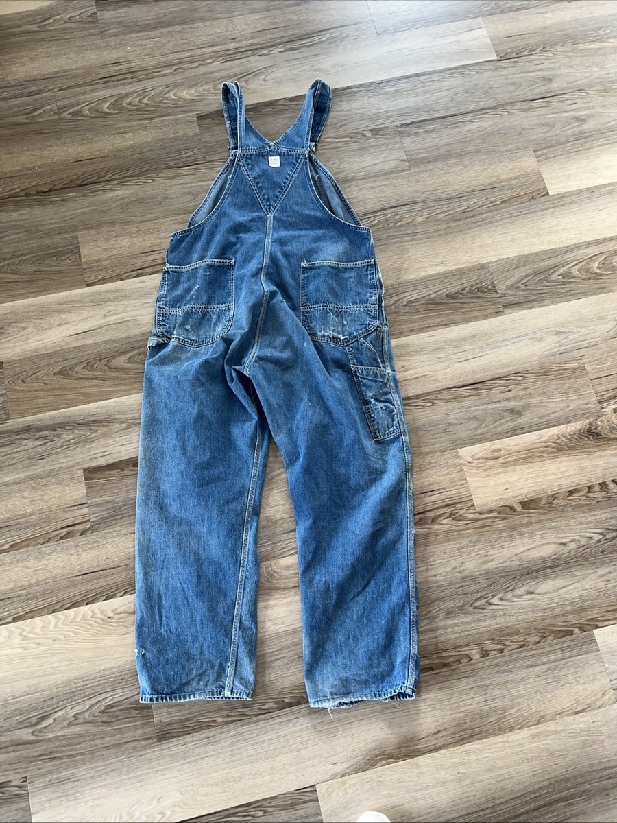 Vintage 50's Lee Long L Jelt Denim Distressed Overalls Size 36x32