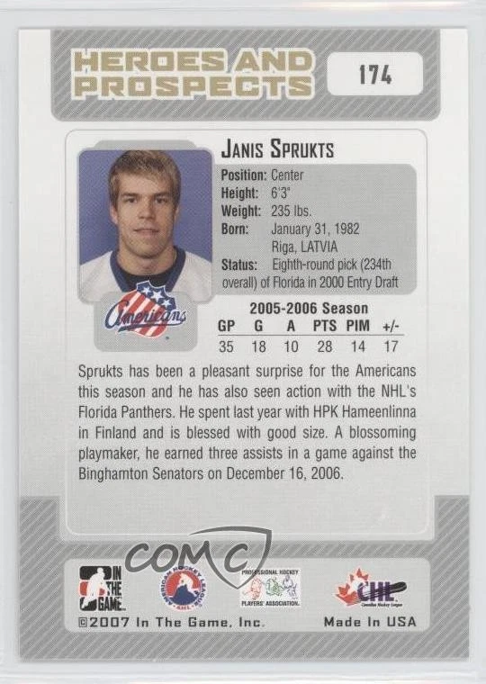 2006-07 ITG Heroes and Prospects Janis Sprukts #174 Rookie RC - Image 2 of 2