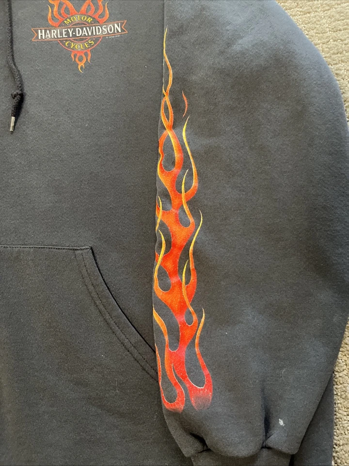 Harley Davidson Vtg ‘98 Flame Sleeve Hoodie Mens Large Cape Cod Black L-XL - Image 3 of 4