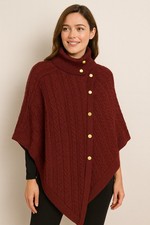   TALBOTS Cable Knit Poncho Cape   Burgundy   Size S   Gold Button Wrap  