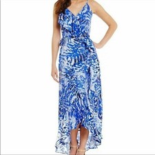 Gianni Bini Gia Maxi Wrap Dress in Blue Palm S NWT