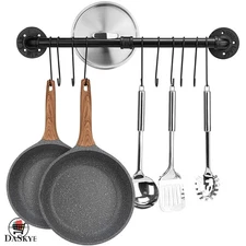 Heavy Duty Black Kitchen Pot Rack - Space-Saving Wall Organizer with Hooks