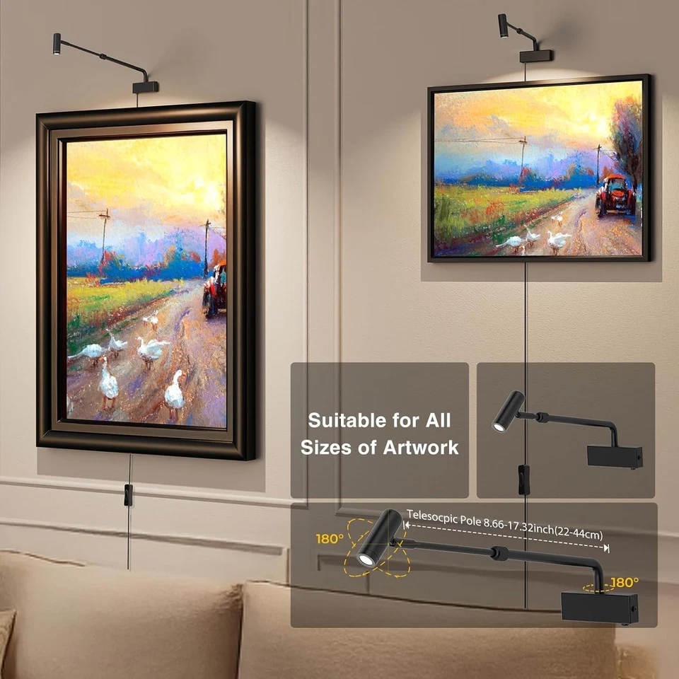 Picture Light for Wall with Retractable Arm, Rotatable Indoor Spotlight Plug in - Image 3 of 4