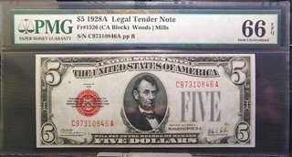 $5 1928A Legal Tender Note Fr.1526 S/N C97310846A CU66 EPQ PMG