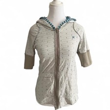 Hurley Women's Full Zip Short Sleeve Hoodie S-M Polka Dot Striped Beige Blue