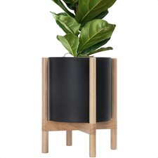 Planter Pot with Stand - 12 Inch Plastic Cylinder Flower Pot with Wood Plante...