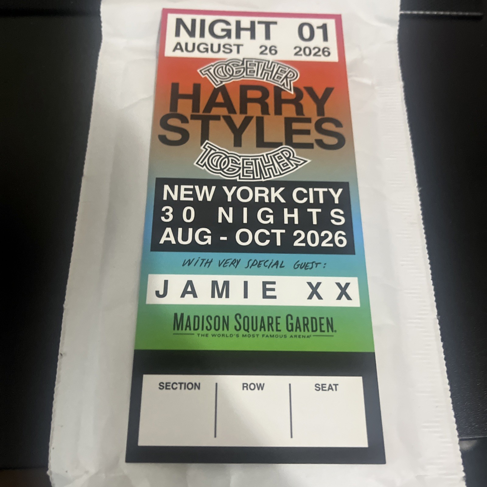 Harry Styles Together Together 8/26/26 Concert Commemorative Ticket Night 1 Msg