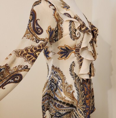 XS Cach'e Ladies Ruffle Blouse Long slimming side slits Floral Paisley
