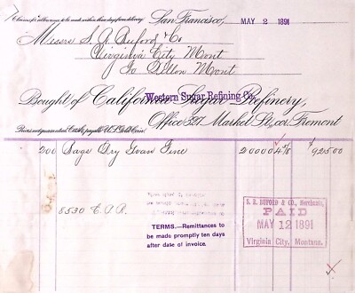 1891 California Sugar Refinery Western Sugar Refinery Billhead SAN FRANCISCO