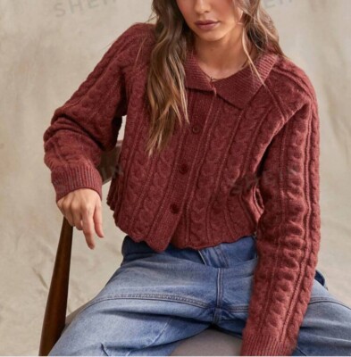 NEIMAN MARCUS CABLE KNIT COLLAR CARDIGAN SWEATER, Burgundy wine, SZ L