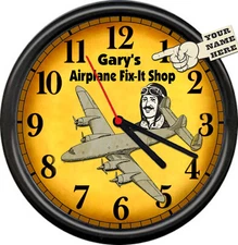 Personal Airplane Repair Fix It Shop Aviation Pilot Hanger Retro Sign Wall Clock