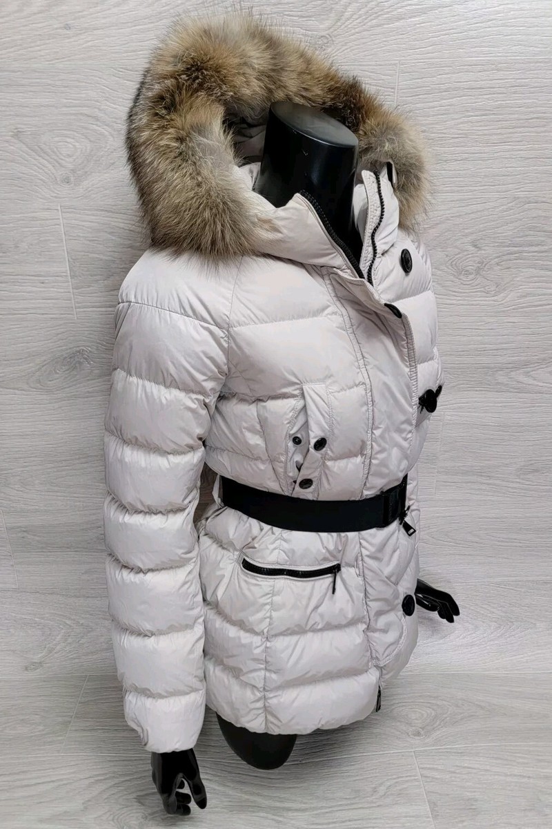 Authentic Moncler Down Jacket Genette Beige Belted Fur Hood Authentic Moncler Down Jacket Genette Beige Belted Fur Hood
