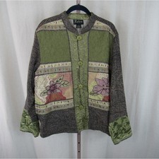 Retro Large Olive Green Jacket Floral Pink Purple Vintage Patchwork Women's 