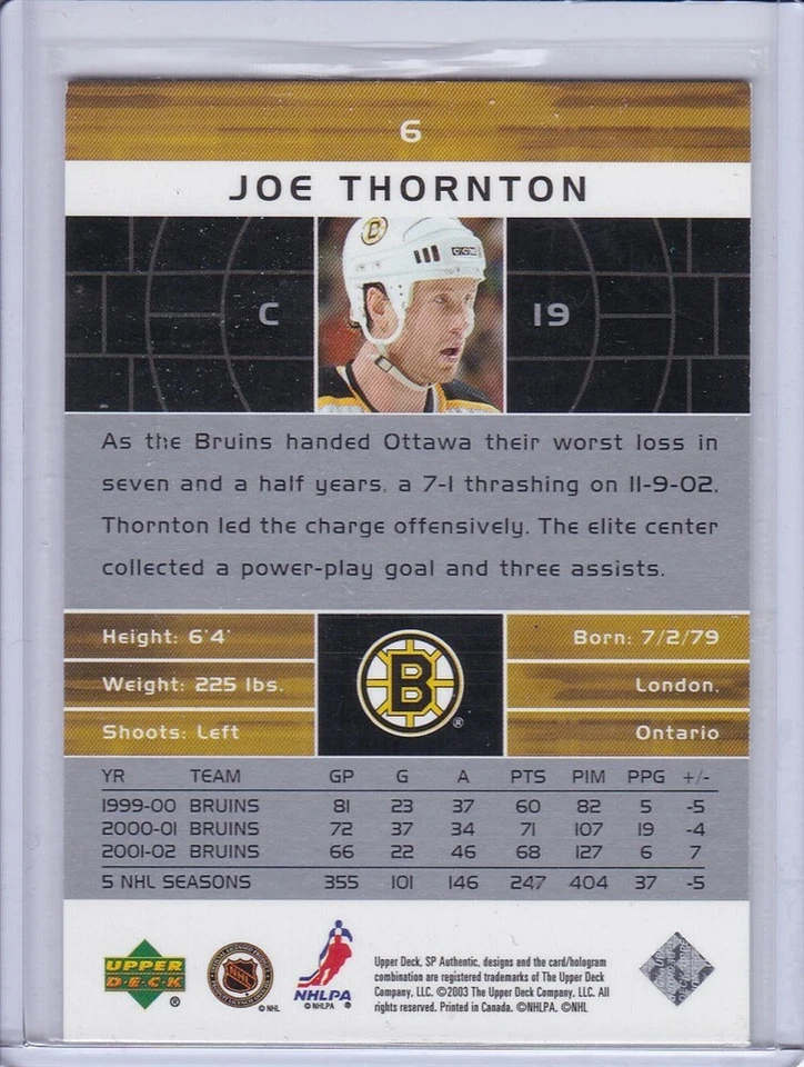 Joe Thornton 2002 SP Authentic Hockey Card 6 Grade MT - Image 2 of 2