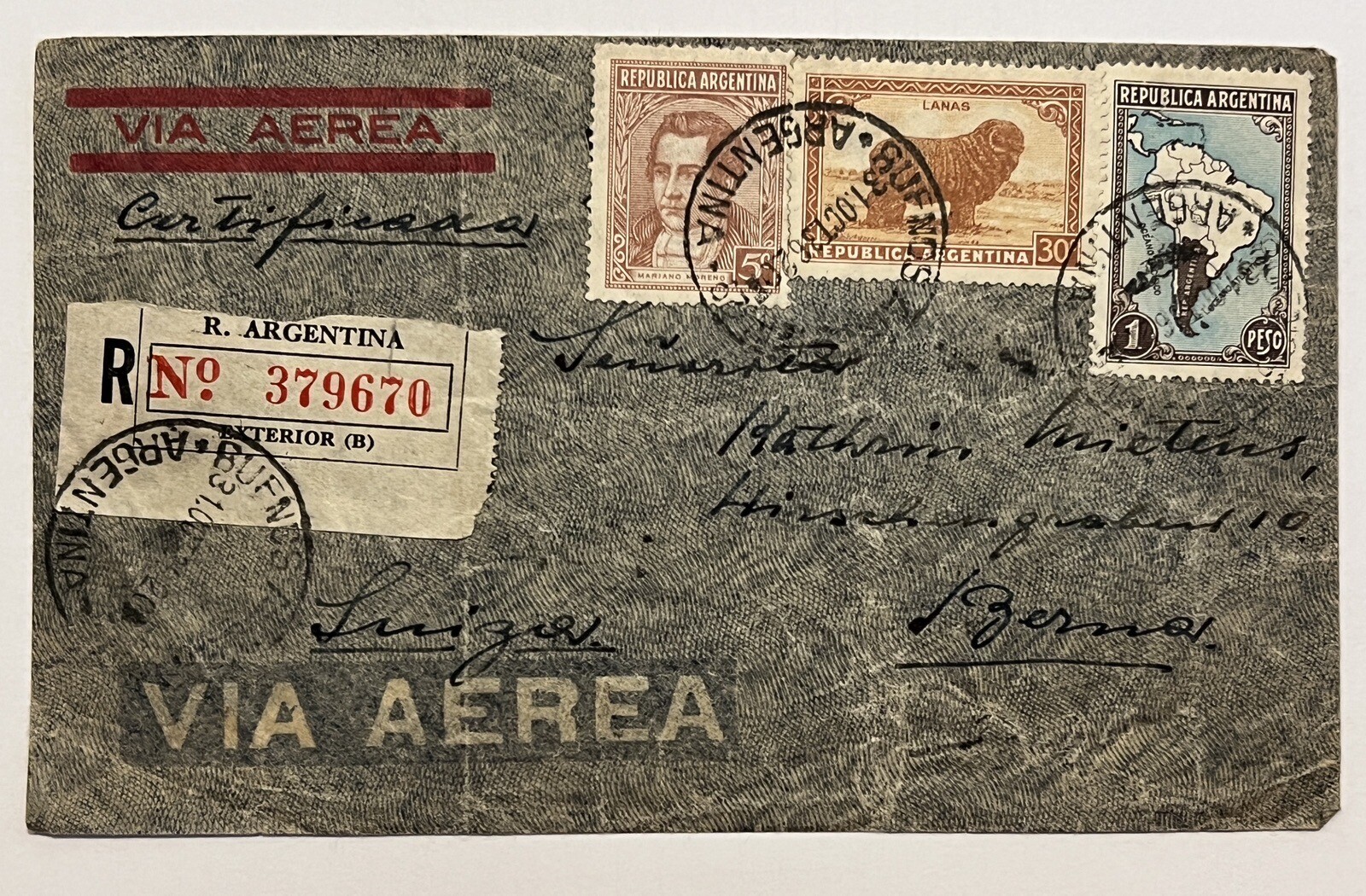 1936 EXTERIOR REGISTERED ARGENTINA COVER SENT TO BERN SWITZERLAND VIA AIRMAIL